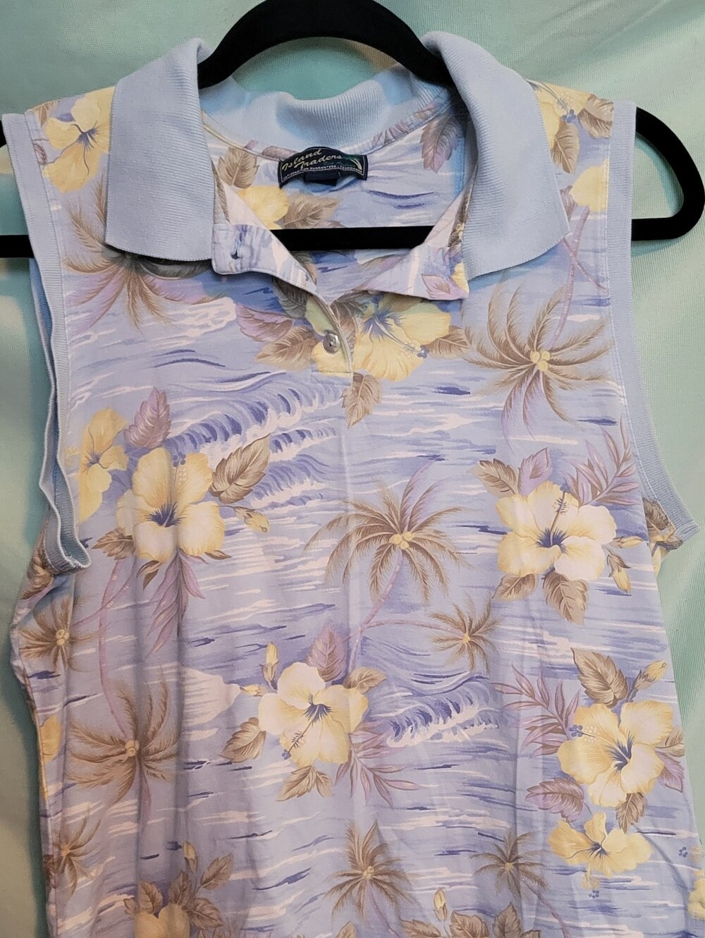 Light Blue Floral Sleeveless Polo Tank Top - Tropical Print